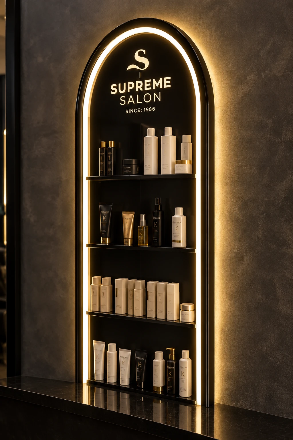 Illuminated product wall inside Supreme Salon Kuthuparamba